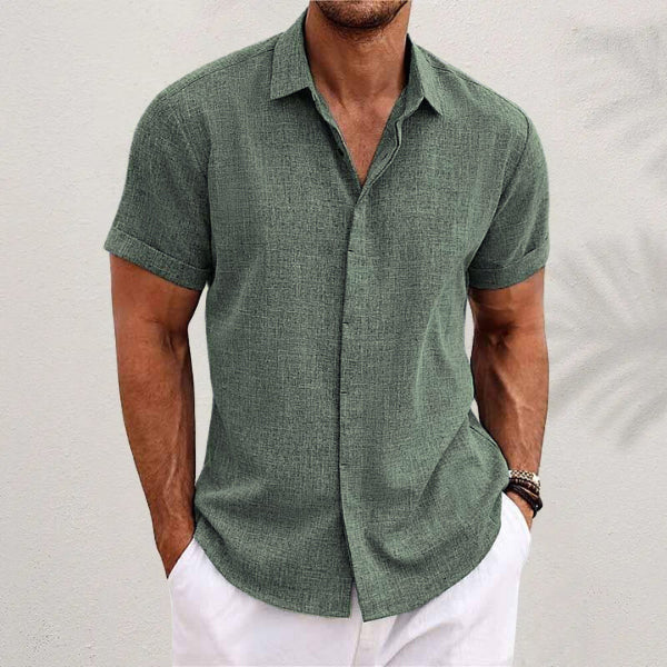 Men's linen-style stand collar short sleeve T-shirt in green