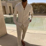 Beige long-sleeve lapel shirt and slim trousers set, button front and tapered fit.