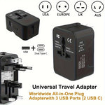 Black universal travel adapter with USB ports and dual Type-C outlets