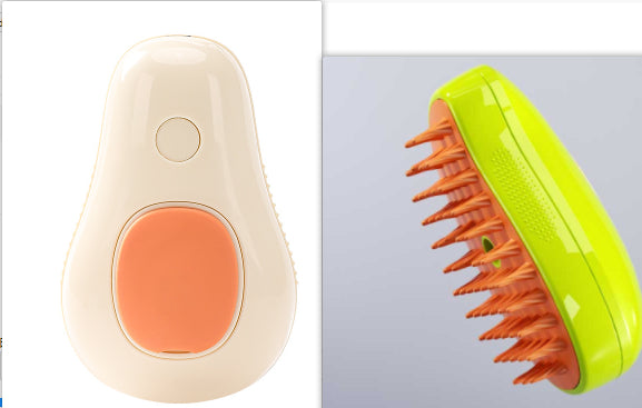 Cream electric pet grooming brush with orange bristle pins; lime-green side view