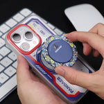 Magnetic phone holder on phone case, round blue graphic kick-pop