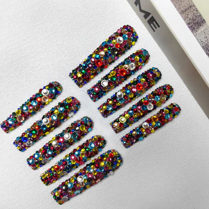 Multicolor rhinestone mosaic press-on nail set with long, glossy top coat
