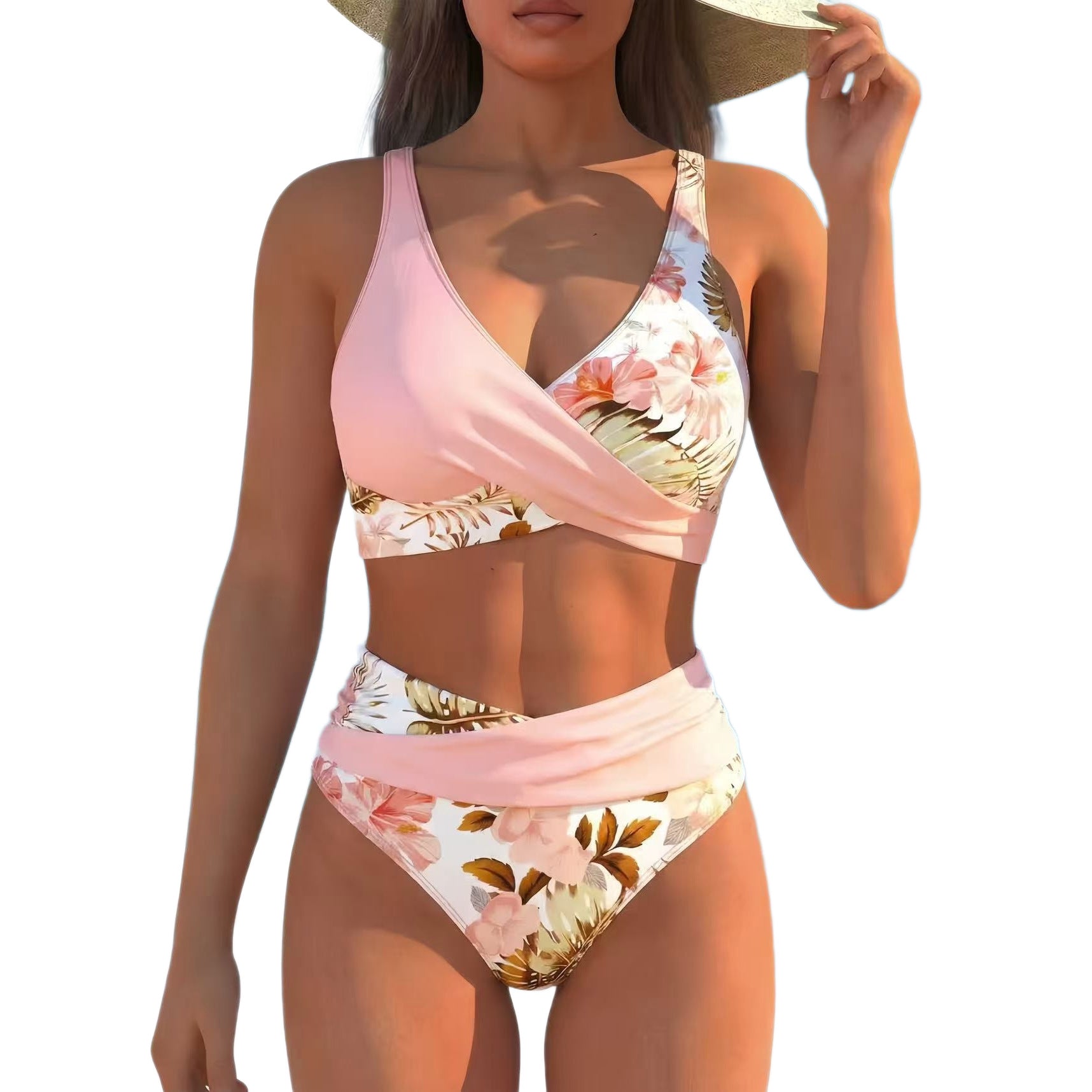 Pink floral wrap bikini set with high-waist bottoms and halter neck