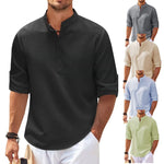 Men's textured stand-collar shirt, black, short sleeves, button placket