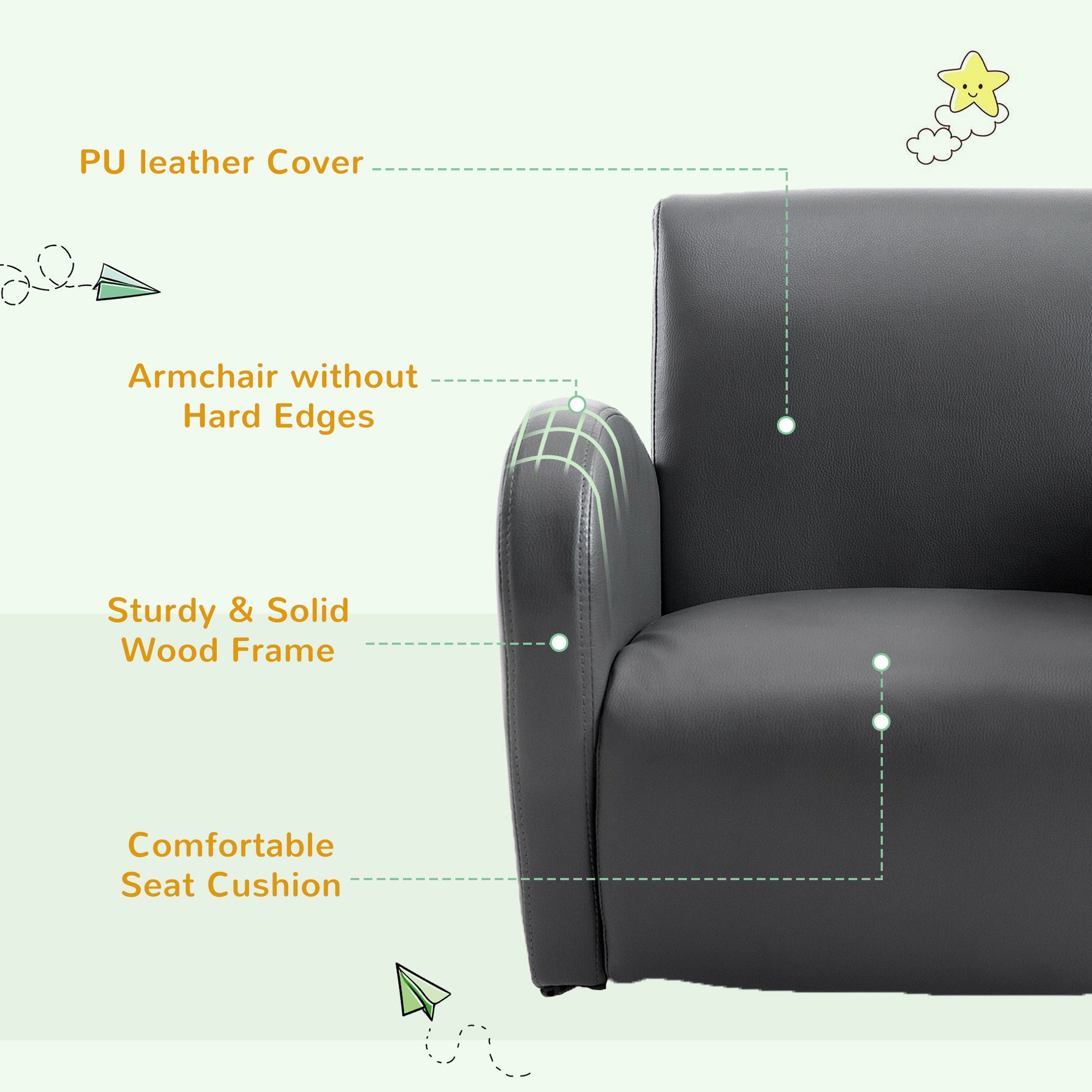 Kids Sofa Rocking Chair With Side Pocket, PU Leather Toddler Armchair For Children Grey