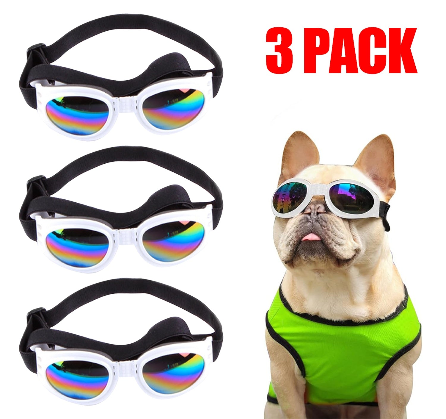 3-pack pet sunglasses with iridescent lenses and adjustable black strap