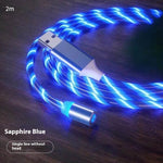 LED charging cable with blue glowing braided cord and USB-A plug