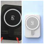 Black magnetic wireless power bank with lightning logo, front view.