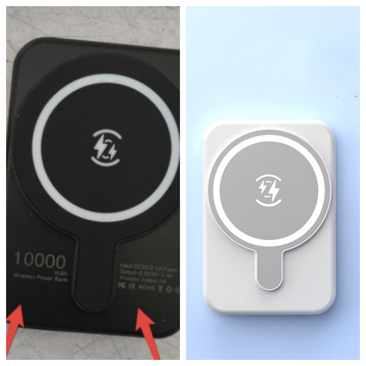Black magnetic wireless power bank with lightning logo, front view.