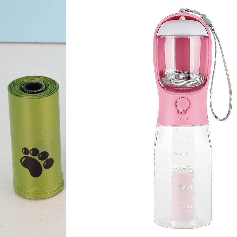 Pink portable dog water bottle with filter mesh and carrying strap