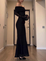 Black Off-Shoulder Long-Sleeve Lace Maxi Dress – Slim Fit