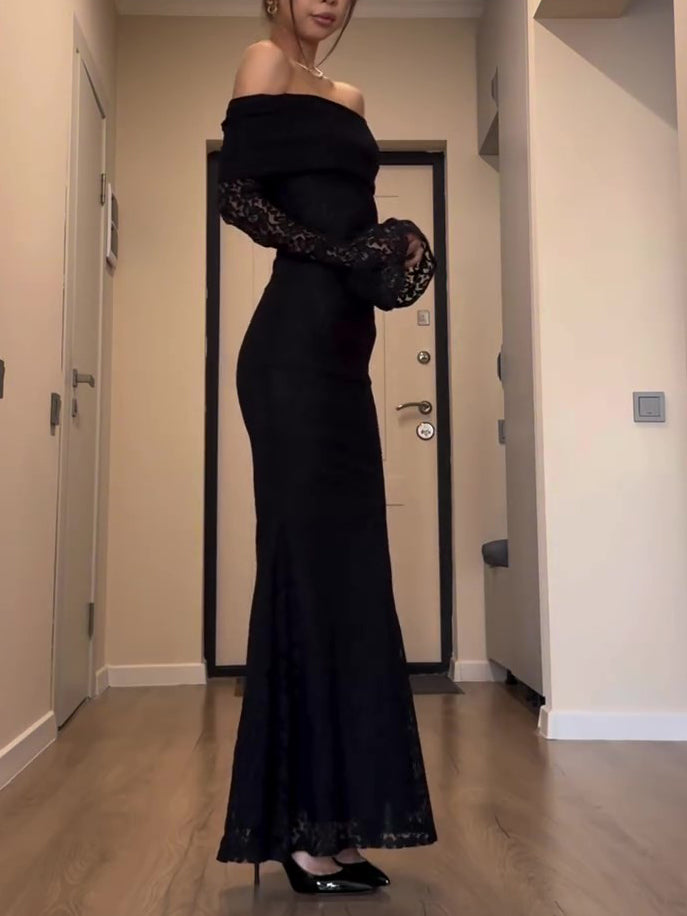 Black Off-Shoulder Long-Sleeve Lace Maxi Dress – Slim Fit