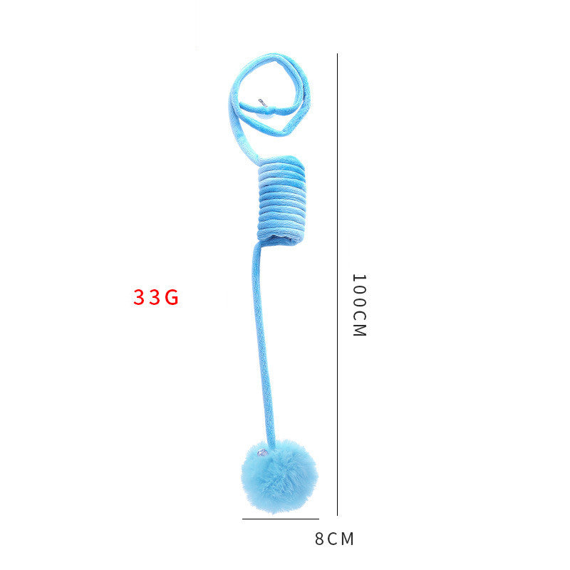 Cat spring toy wand with light-blue coil and fluffy light-blue pom ball
