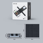 3-in-1 wireless charger station dimensions view in black, with three pads