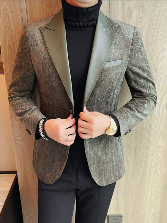 Luxurious Velvet Jacquard Leather Lapel Blazer for Men - Elevate Your Style