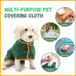 Green microfiber pet bathrobe with orange trim, worn by small dog