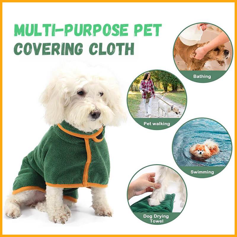 Green microfiber pet bathrobe with orange trim, worn by small dog