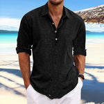 Men's loose pullover shirt, black, button-front V-neck, rolled sleeves