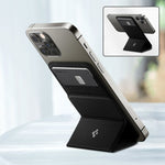 Black MagSafe card holder phone stand with flip cover and textured exterior