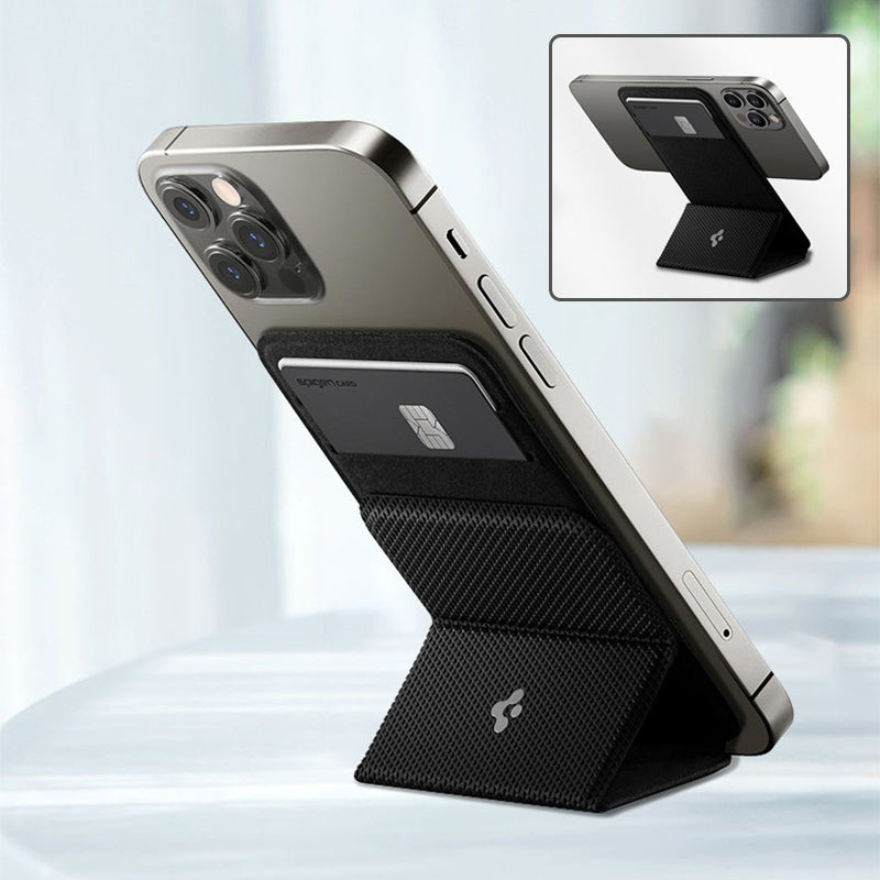 Black MagSafe card holder phone stand with flip cover and textured exterior