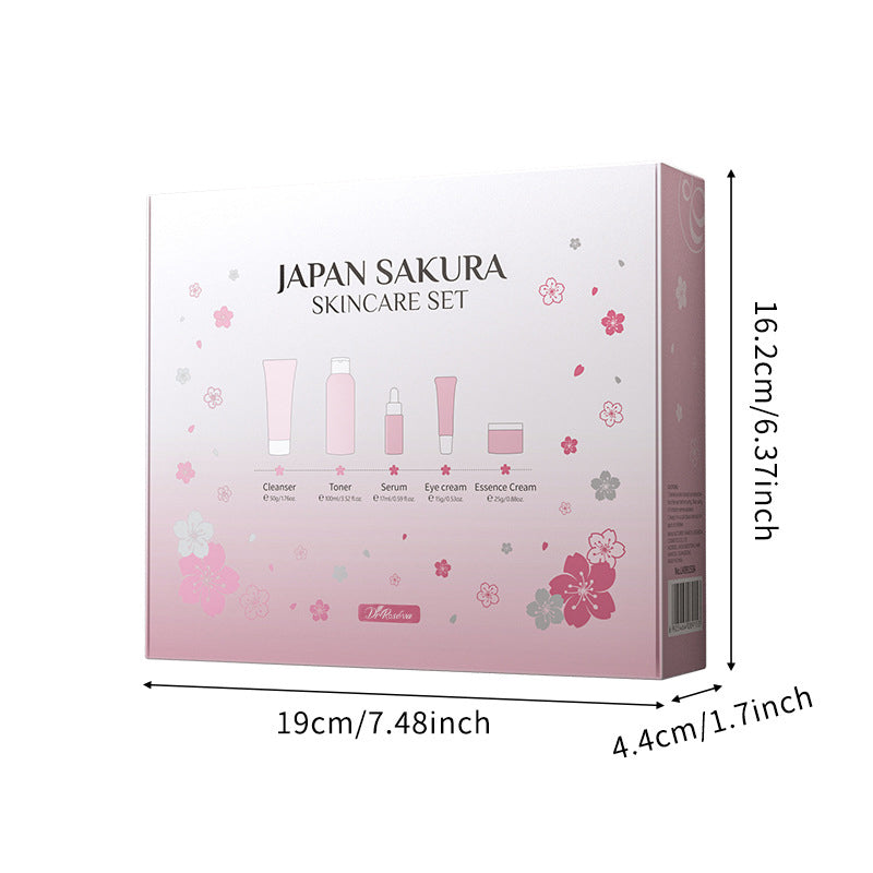 Japan Sakura skincare set gift box with product icons and dimension labels