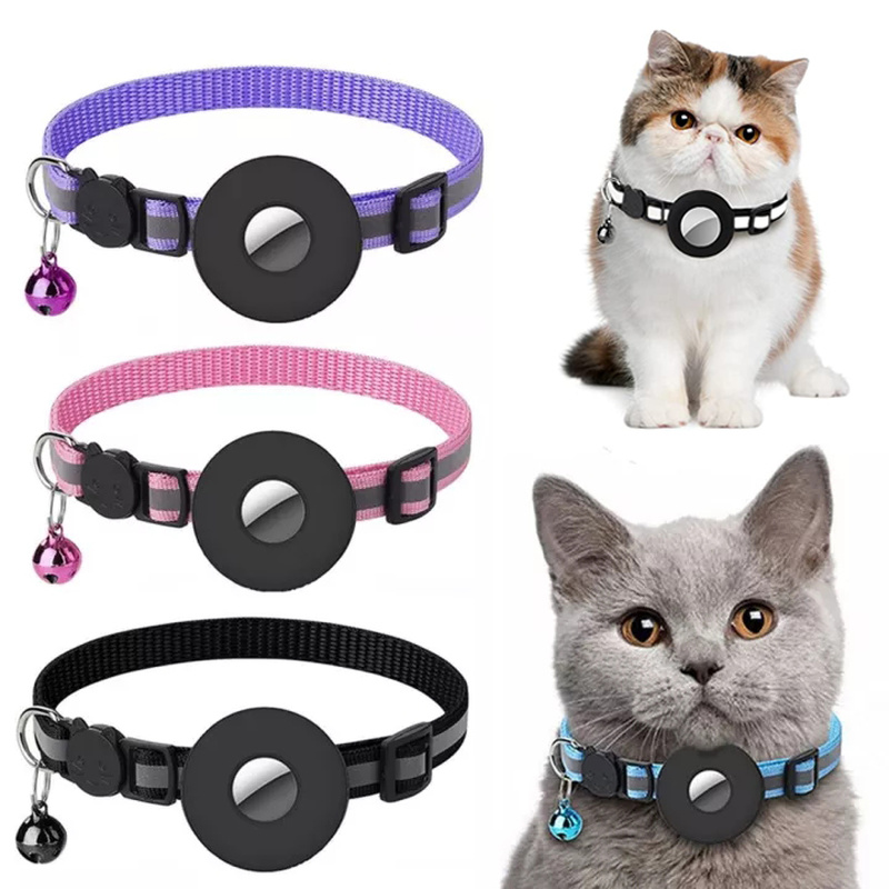 Reflective pet collar set with round tracker holder and bell, shown in purple and pink