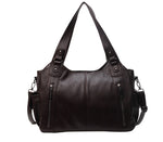 Women’s retro PU handbag with top handles, dark brown, two front zip pockets and side straps.