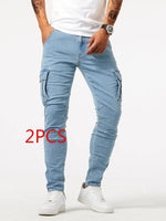 Light blue denim cargo pants, slim straight with side cargo flap pockets