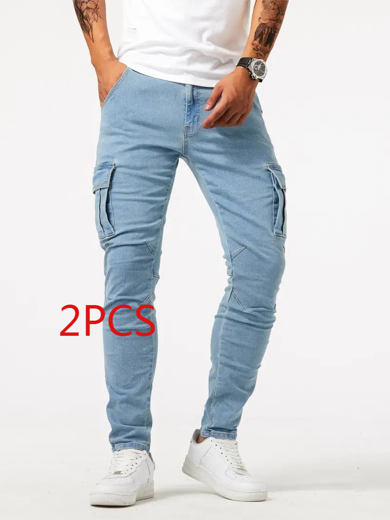 Light blue denim cargo pants, slim straight with side cargo flap pockets