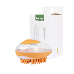 Orange pet bath brush with silicone massage pad and orange bristle comb in retail box