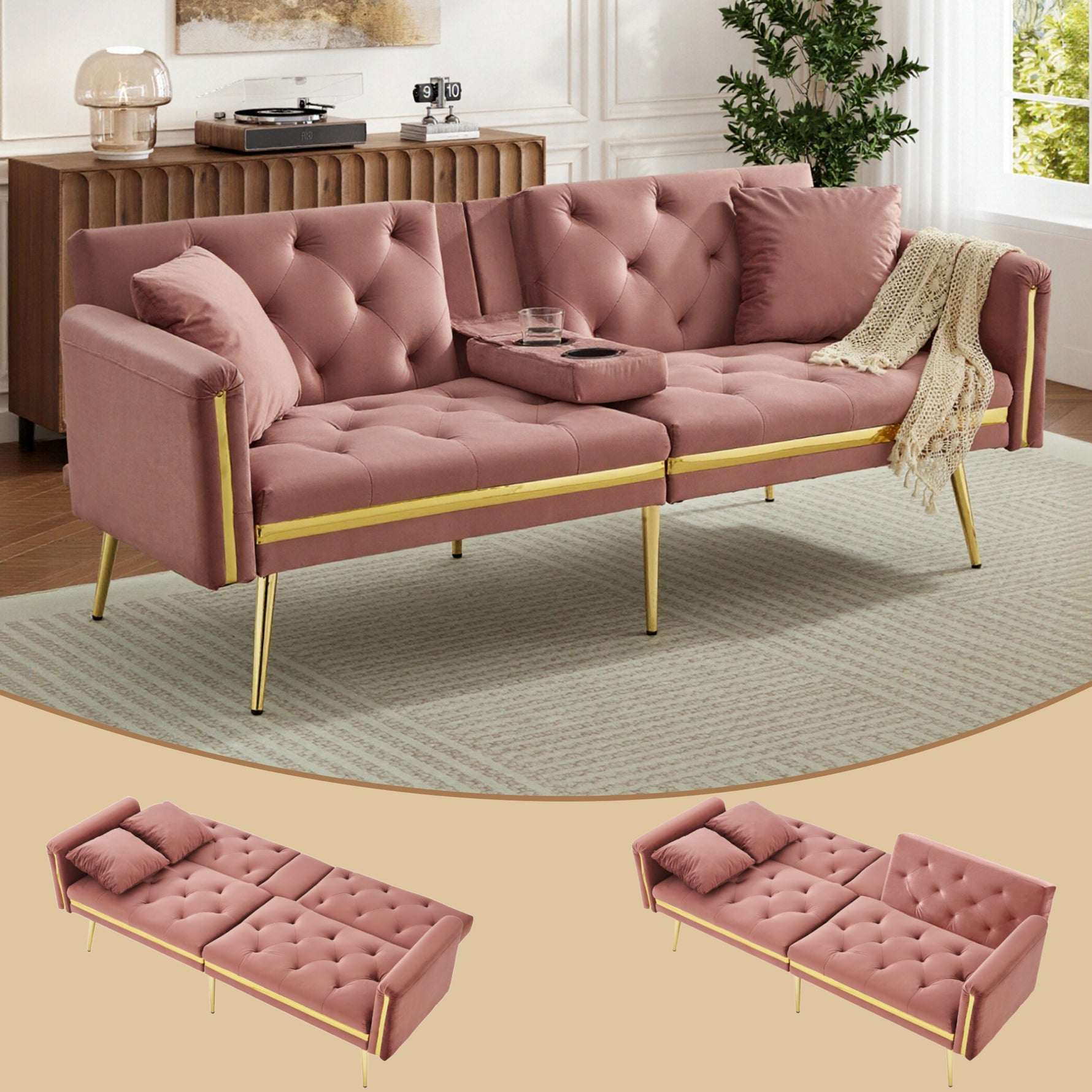Two-seater Sofa Bed With Adjustable Backrest, Gold Accents And Built-in Cup Holders - Convertible Into A Comfortable And Space-saving Two-seater Sofa For Both The Living Room And Bedroom