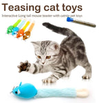 Plush mouse cat toy with long tail, blue and orange, with string wand accessory
