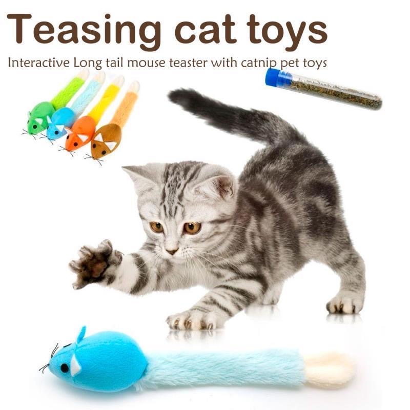 Plush mouse cat toy with long tail, blue and orange, with string wand accessory