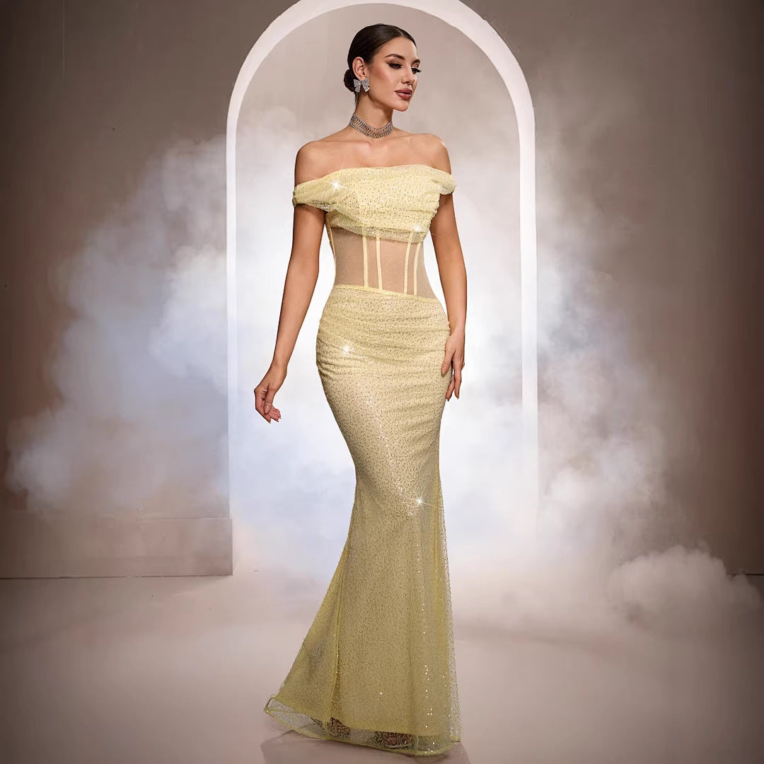 Glamourous Nights Off-the-Shoulder Sequined Mermaid Gown – Dazzle at Every Evening Event