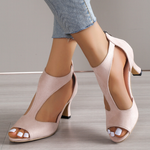 Women’s high-heel fish-mouth sandals in light pink, open toe and mid-height heel