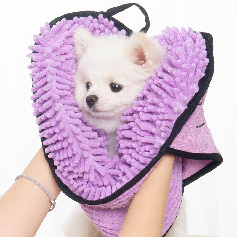 Purple microfiber bathrobe towel with paw face patch and shaggy absorbent loops