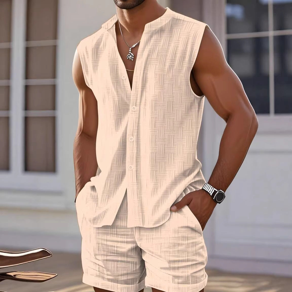 Men's off-white sleeveless crew-neck tank top and matching shorts set, button front