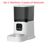 White automatic pet food dispenser with clear hopper and front feeding tray