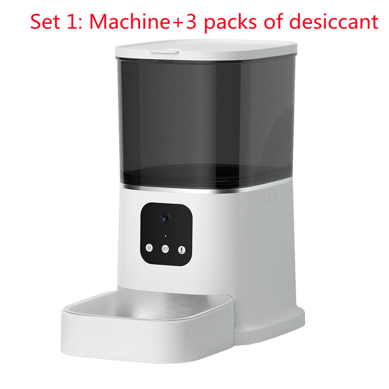 White automatic pet food dispenser with clear hopper and front feeding tray