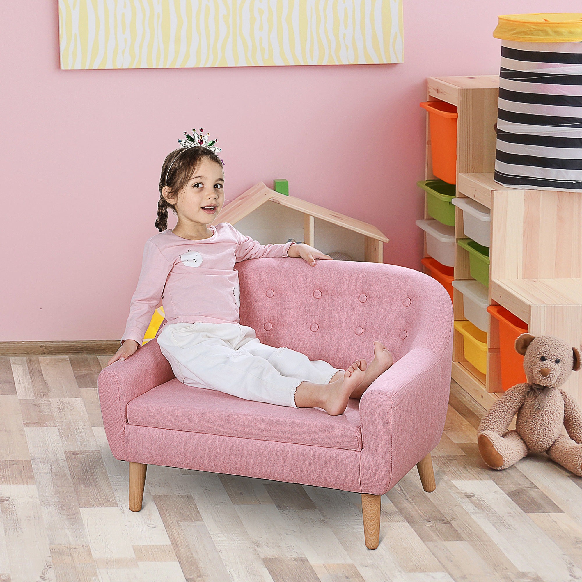 Sofá Infantil de 2 Plazas, Sofá para Niños Pequeños, Tela Tipo Lino y Marco de Madera, Silla Sofá para Edades de 3 a 7 Años, Asiento de 28 cm de Altura, Rosa