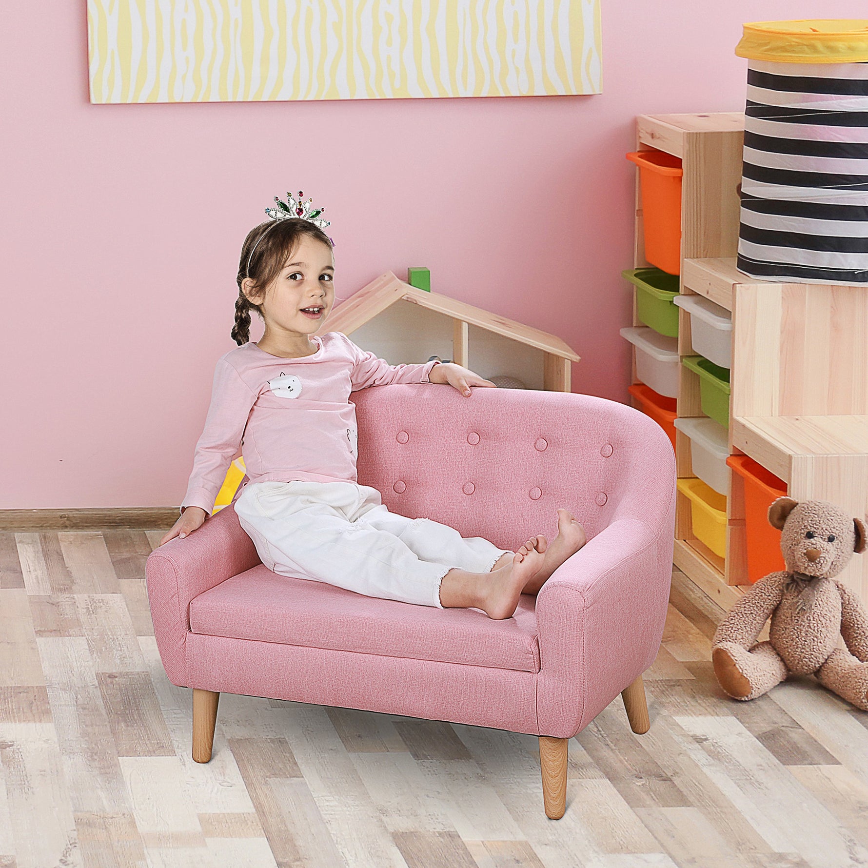2-Seat Kids Sofa, Toddler Sofa Couch, Linen-Like Fabric & Wood Frame Sofa Chair For Ages 3-7, 11" High Seat, Pink