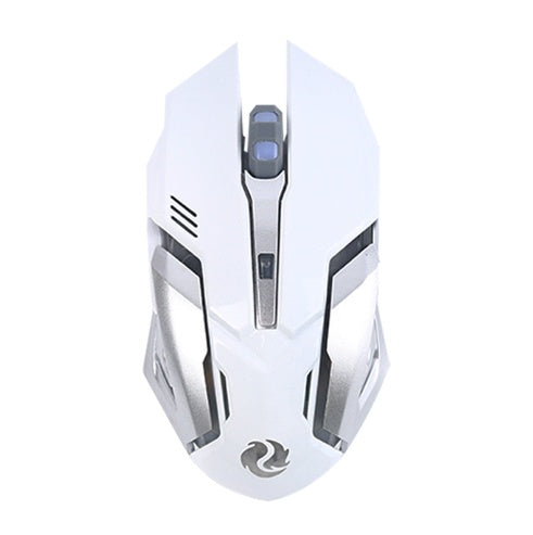 White gaming mouse top view with subtle dark detailing and LED accents