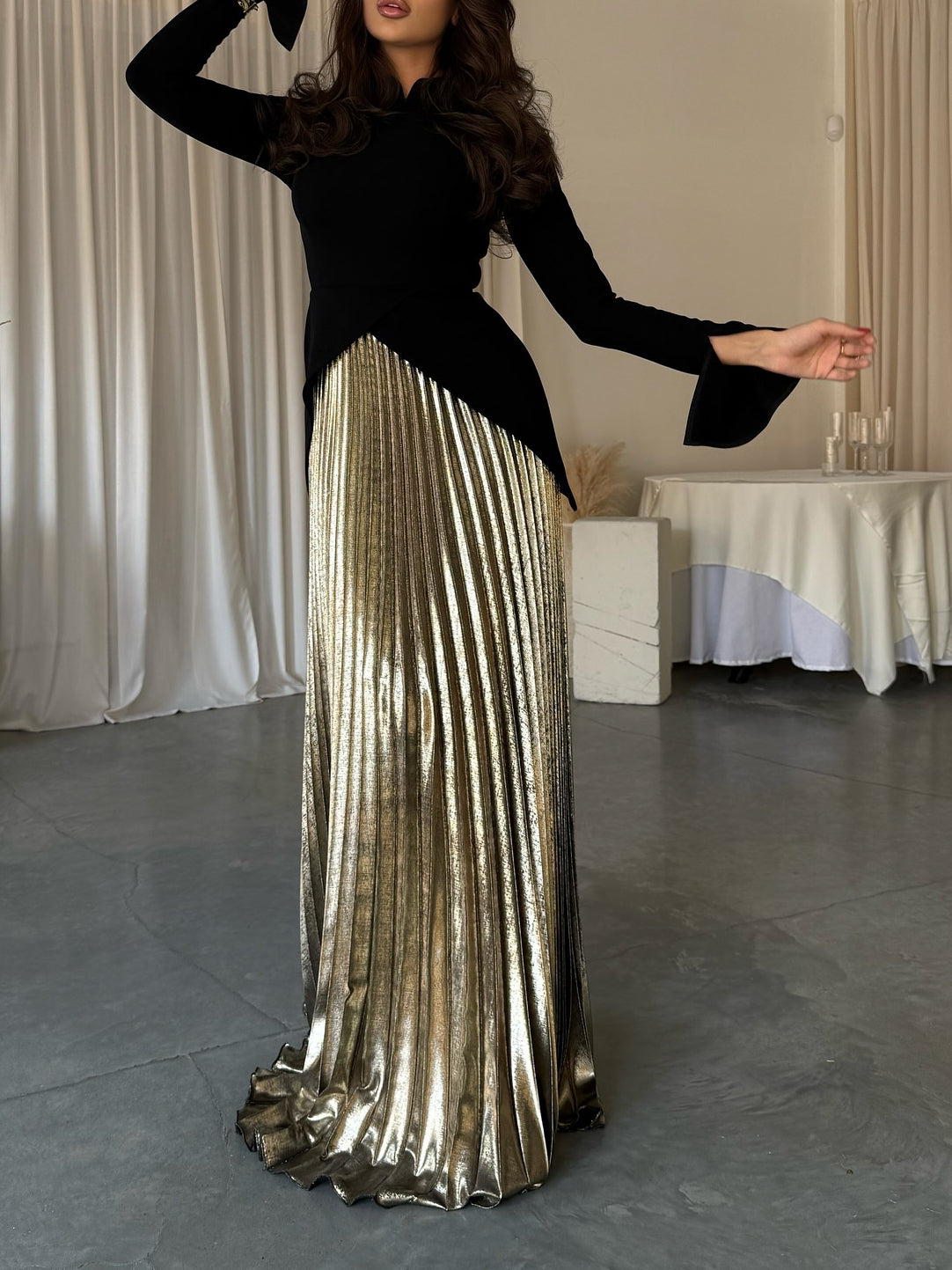 Elegant Essentials Black Bell Sleeve Set: Irregular Hem Top & Pleated Skirt for Effortless Style