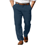 Men's linen straight trousers, navy blue with button fly and belt loops
