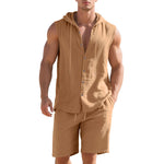 Men's sleeveless two-piece set in tan, hooded button-front shirt and matching shorts.