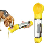 Yellow portable dog water bottle with stainless drinking chamber and handle for travel