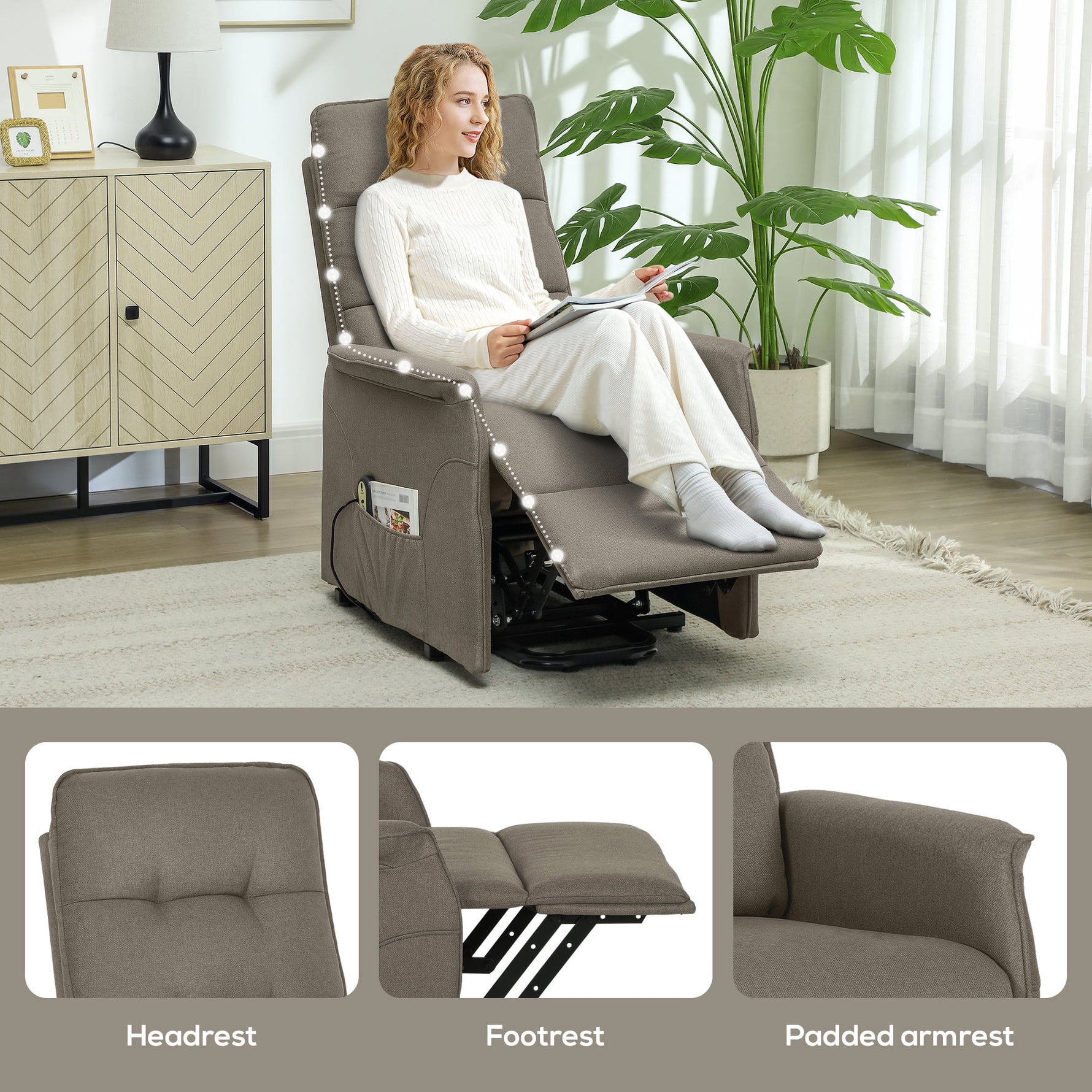 Power Lift Recliner Chair – Side Pocket, 140° Recline, Coffee Upholstery