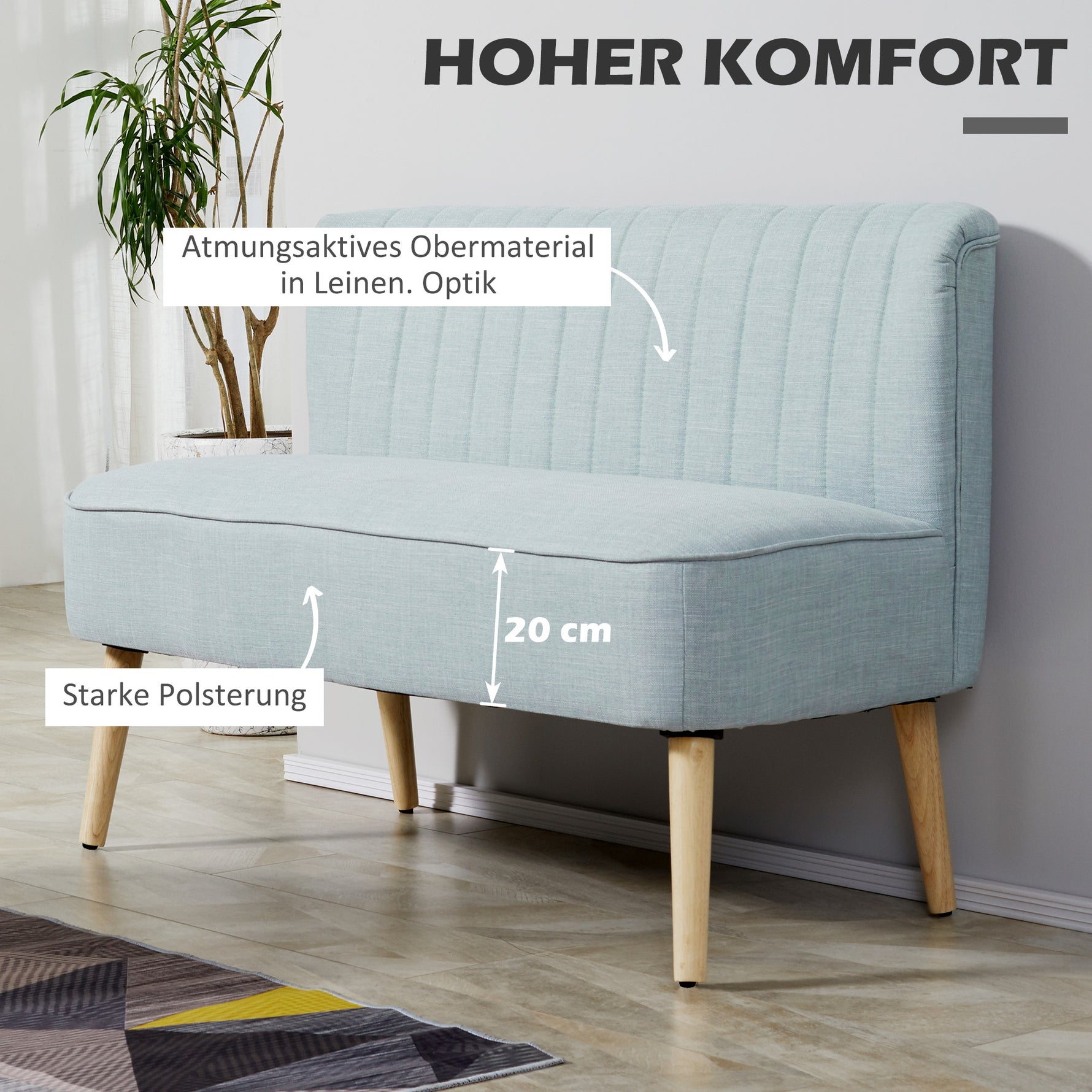Sofá de 2 plazas, tapizado suave, funda fácil de limpiar, hasta 150 kg, 117 x 56,5 x 77 cm, verde claro
