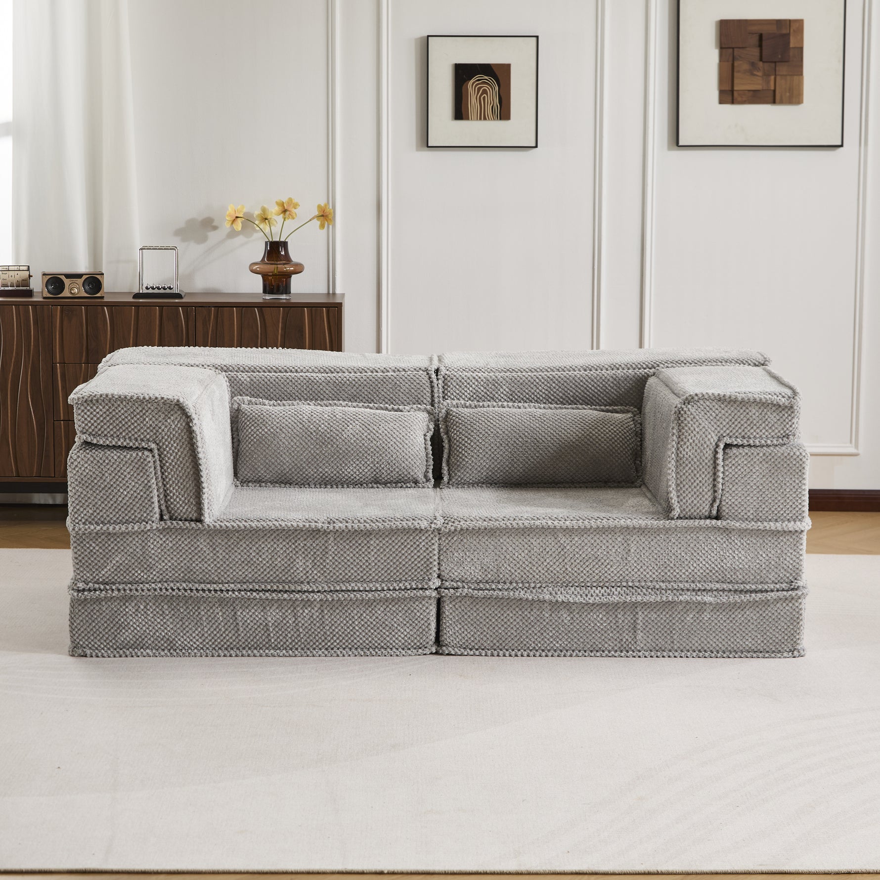 Compression Mahjong Sofa,Convertible Floor Sofa Bed,DIY Boneless Modular Sectional Sofa,No Assembly Required,Circle Fleece Fabric,Modern Oversized Loveseat,Light Grey