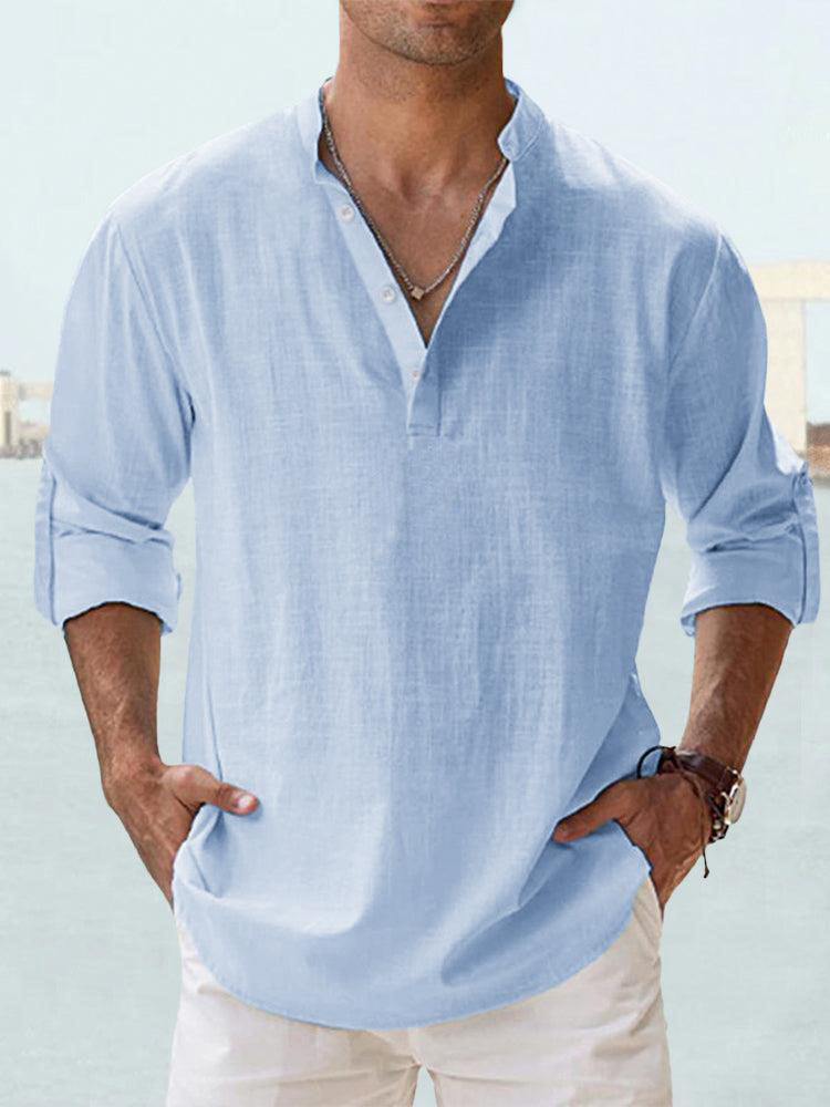 Men's cotton-linen pullover shirt, stand collar, long sleeves, light blue button placket